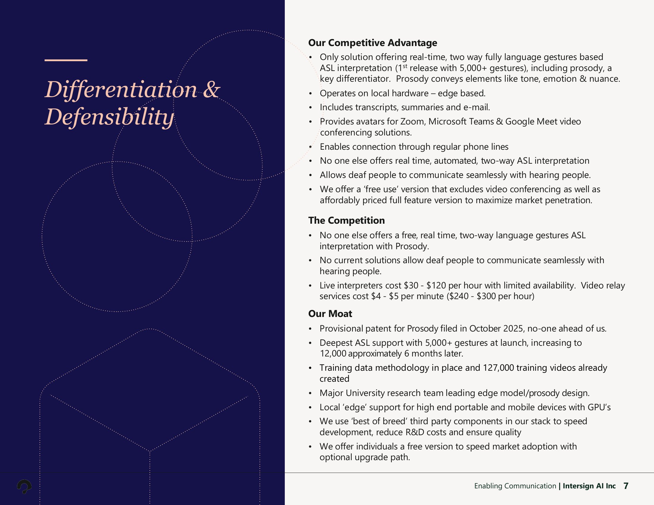 Differentiation and Defensibility: 4,000+ gesture vocabulary, integration with major video platforms (Zoom, Microsoft Teams, Google Meet), edge-based processing, provisional patent, speed-to-market advantage, and access to the Canadian Deaf community for data.