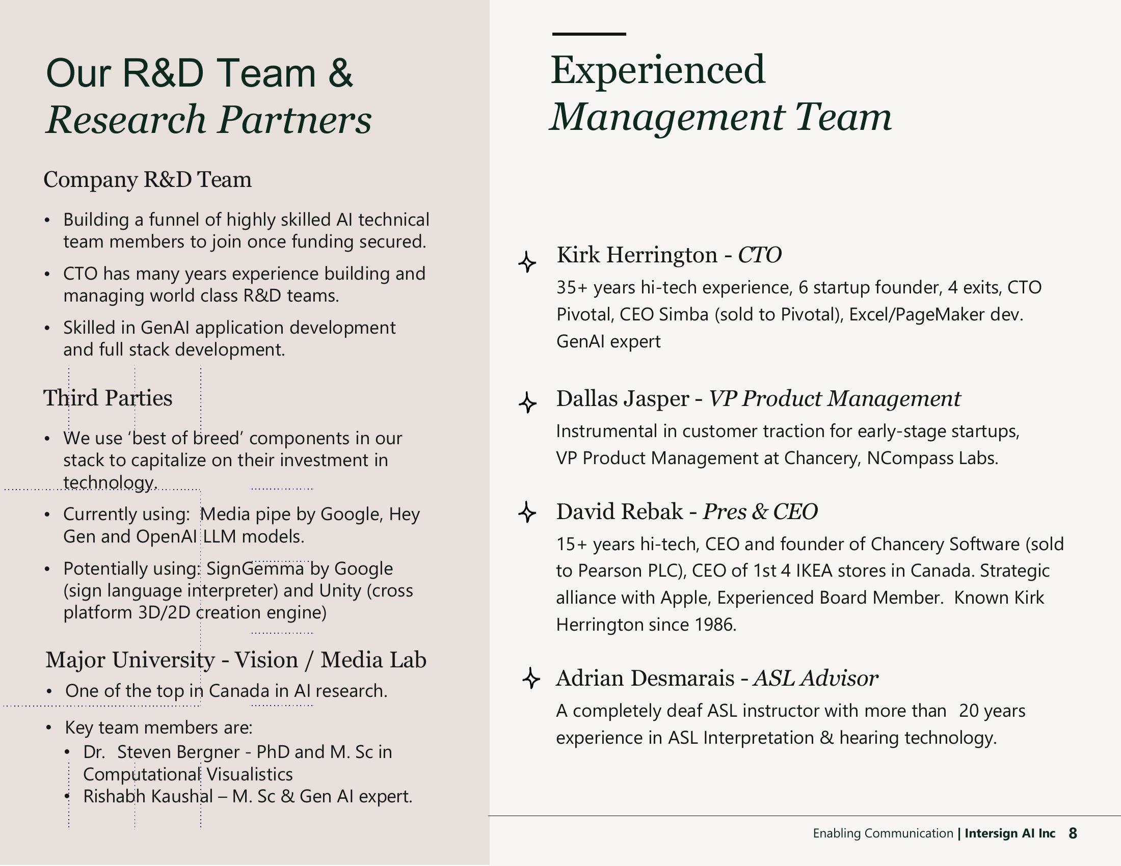 R&D Team and Research Partners alongside the Experienced Management Team: Kirk Herrington CTO, Dallas Jasper VP Product Management, David Rebak President and CEO, Adrian Desmarais ASL Advisor.